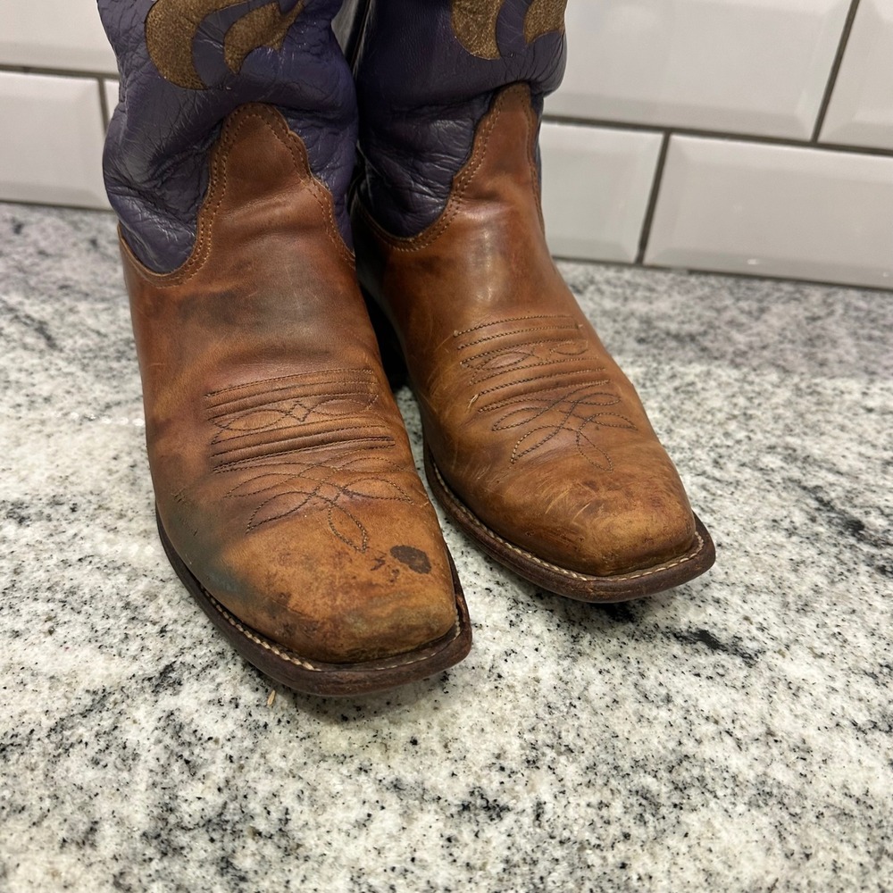 Nocona Womens 7 Western Boots Brown Purple K-State Powercat Square Toe USA Made - Picture 6 of 10